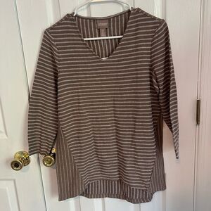 NWT Chico's Womens 0 V-Neck 3/4 Sleeve‎ Striped Taupe Top